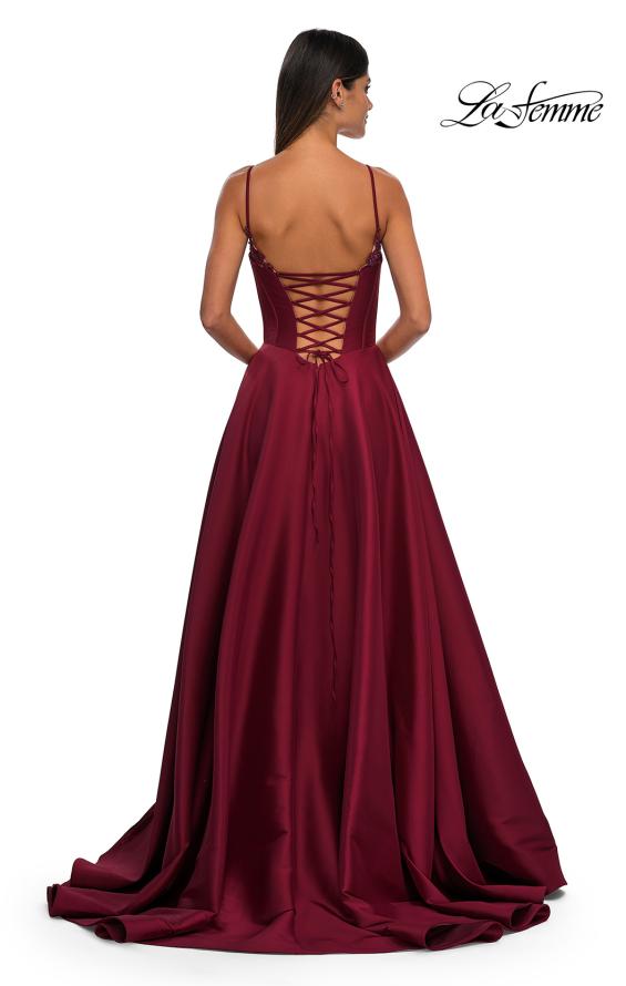 Picture of: Mikado A-line Gown with Lace Detail Neckline in Wine, Style: 32878, Detail Picture 9