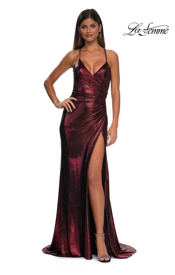 Picture of: Metallic Jersey Dress with Side Ruching and High Slit in Wine, Style: 32884, Detail Picture 9