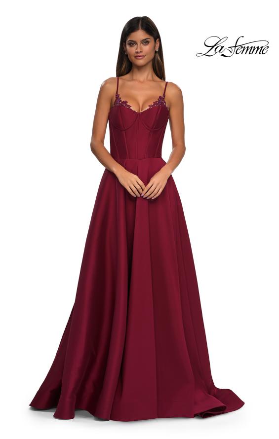 Picture of: Mikado A-line Gown with Lace Detail Neckline in Wine, Style: 32878, Detail Picture 10