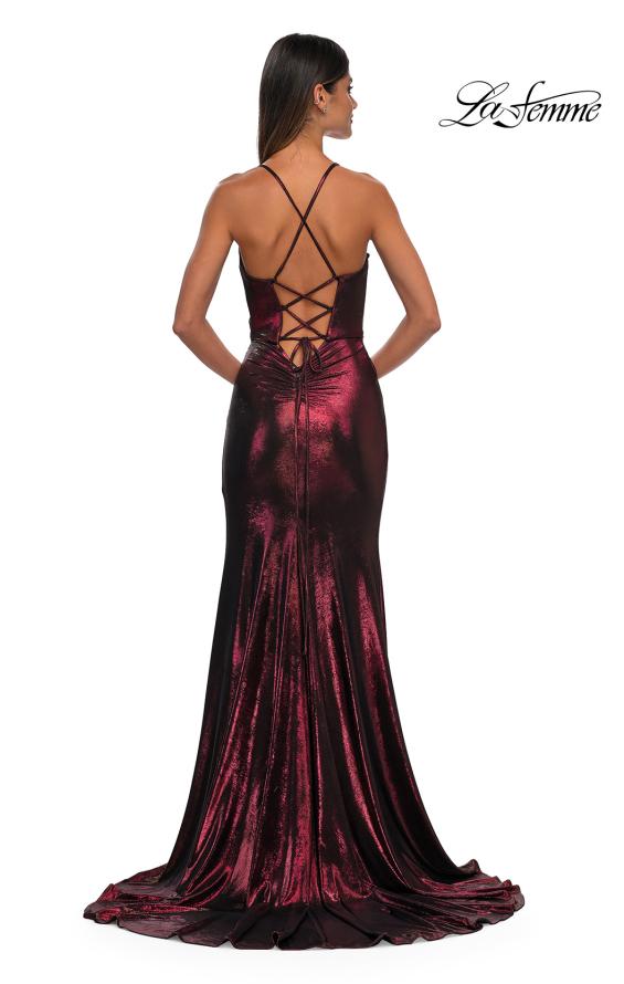 Picture of: Metallic Jersey Dress with Side Ruching and High Slit in Wine, Style: 32884, Detail Picture 10