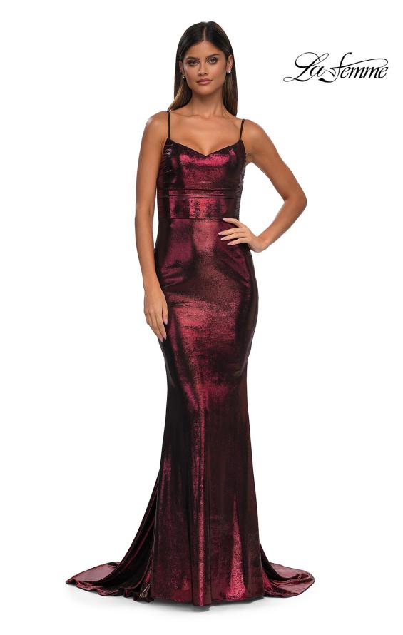 Picture of: Metallic Jersey Dress with Low Back and Ruching in Wine, Style: 32932, Detail Picture 11