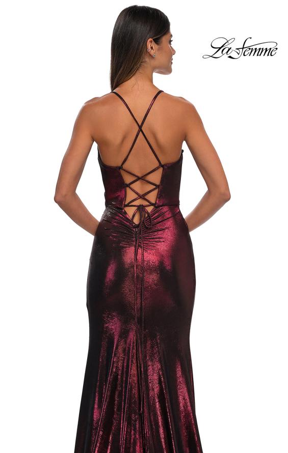 Picture of: Metallic Jersey Dress with Side Ruching and High Slit in Wine, Style: 32884, Detail Picture 16