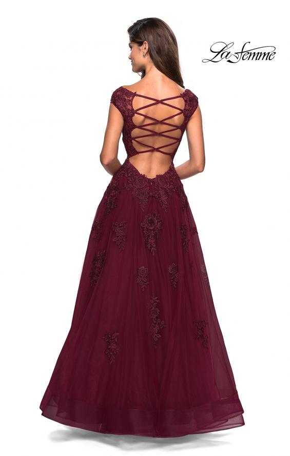 Picture of: Floor Length Cap Sleeve Prom Gown with Lace Detail in Wine, Style: 27503, Back Picture