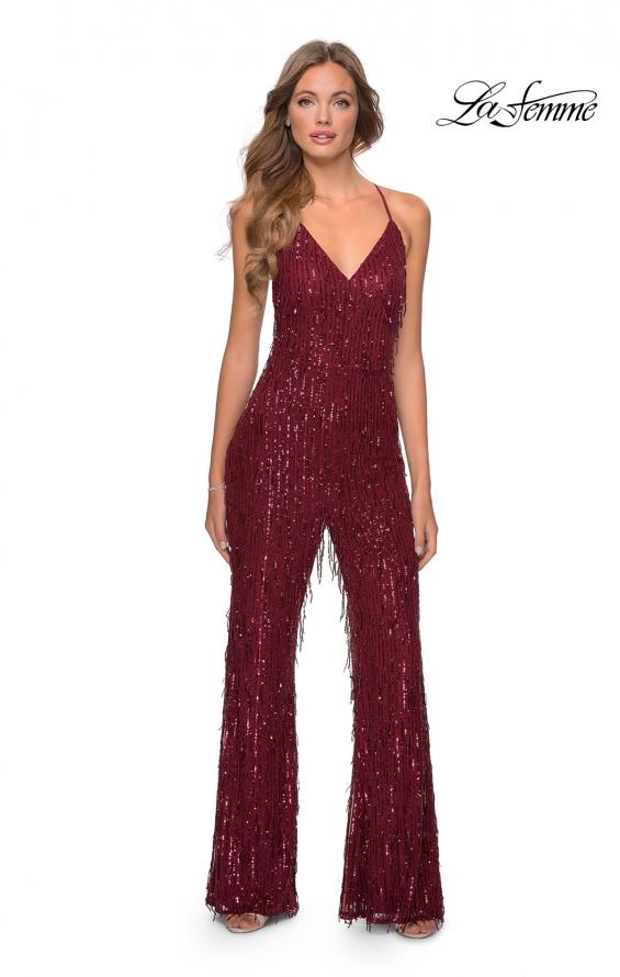 Picture of: Fringe Sequin Jumpsuit with V-Neckline in Wine, Style: 28864, Detail Picture 1