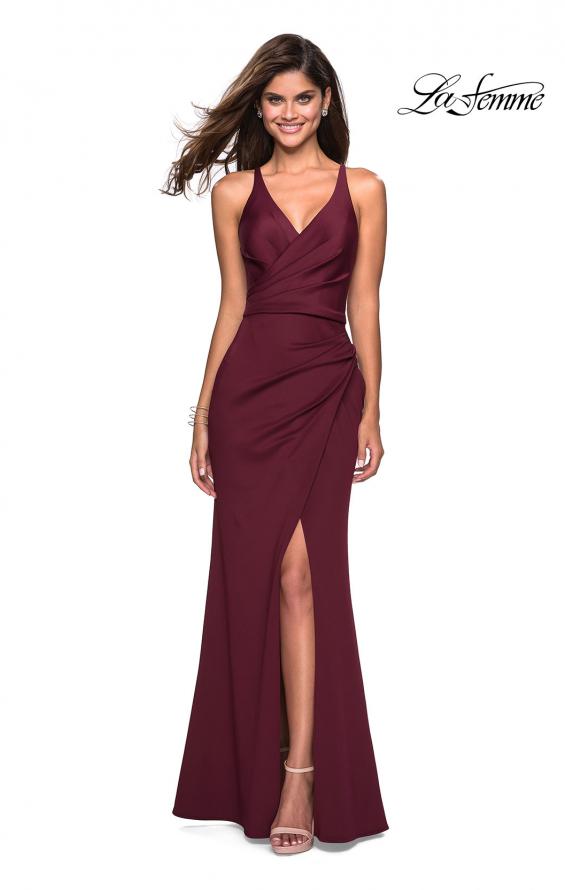 Picture of: Long Jersey Ruched Dress with Side Leg Slit in Wine, Style: 27317, Detail Picture 2