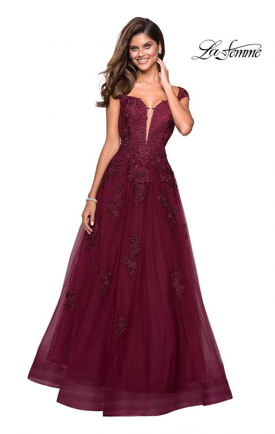 Picture of: Floor Length Cap Sleeve Prom Gown with Lace Detail in Wine, Style: 27503, Detail Picture 3