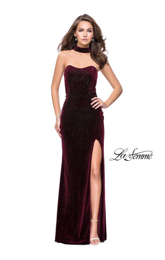 Picture of: Long Strapless Velvet Prom Gown with Cascading Beads in Wine, Style: 26239, Detail Picture 5