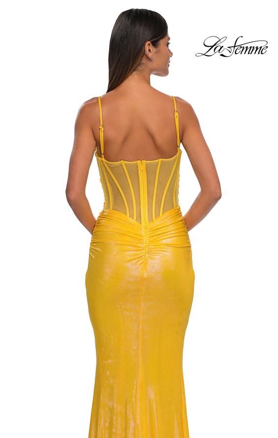 Picture of: Gorgeous Metallic Prom Dress with Ruching and Illusion Back in Yellow, Style: 33034, Detail Picture 10