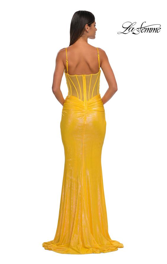 Picture of: Gorgeous Metallic Prom Dress with Ruching and Illusion Back in Yellow, Style: 33034, Detail Picture 4