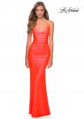 Picture of: Ruched Neon Prom Dress with Criss Cross Tie Back in Neon Coral, Style: 29010, Main Picture