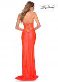 Picture of: Ruched Neon Prom Dress with Criss Cross Tie Back in Neon Coral, Style: 29010, Back Picture