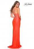 Picture of: Ruched Neon Prom Dress with Criss Cross Tie Back in Neon Coral, Style: 29010, Detail Picture 1