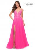 Picture of: A Line Tulle Gown with Lace Bodice and V Back in Neon Pink, Style 29964, Main Picture