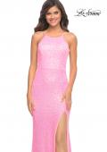 Picture of: Neon Pink High Neck Sequin Gown with Open Back in Pink, Style: 30638, Detail Picture 1