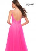 Picture of: A Line Tulle Gown with Lace Bodice and V Back in Neon Pink, Style 29964, Detail Picture 2