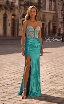 Picture of: Metallic Jersey Dress with Rhinestone Embellished Corset in Aqua , Style 32732, Main Picture