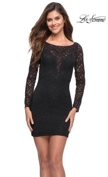 Picture of: Long Sleeve Lace Short Dress with Open Back in Black, Style 30857, Main Picture