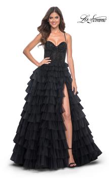 Picture of: Tiered Ruffle Tulle Prom Dress with Rhinestone Embellished Bodice in Black, Style: 32002, Main Picture