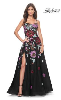 Picture of: Sequin Floral Print A-Line Tulle Gown with High Slit in Black, Style: 32019, Main Picture