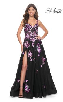 Picture of: Pretty Lace Sequin Embellished Gown with High Slit in Black, Style: 32030, Main Picture