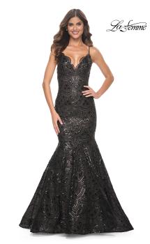 Picture of: Mermaid Print Sequin Dress with Scallop Detail Neckline in Black, Style: 32118, Main Picture