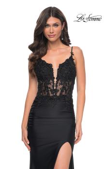 Picture of: Sheer Lace Top with Ruched Jersey Skirt Prom Dress in Black, Style: 32132, Main Picture