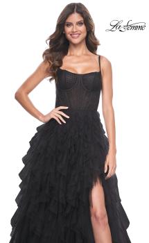Picture of: Tulle A-Line Dress with Ruffle Skirt and Buster Rhinestone Fishnet Bodice in Black, Style: 32233, Main Picture