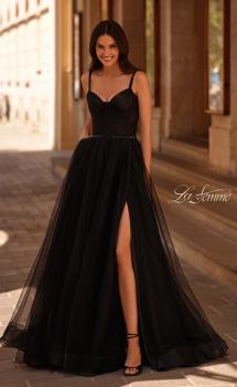 Picture of: A-line Prom Dress with Tulle Skirt and Rhinestone Belt in Black , Style 32656, Main Picture