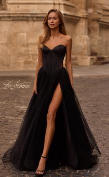 Picture of: Strapless Tulle Evening Dress with Basque Waist and Satin Bodice in Black , Style 32771, Main Picture