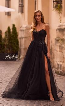 Picture of: Strapless A-line Tulle Dress with Floral Waist Detail in Black , Style: 32789, Main Picture