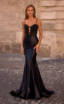 Picture of: Fitted Satin Mermaid Gown with Lace Bodice and Deep V in Black , Style 32916, Main Picture