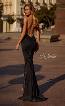 Picture of: Ruched Long Prom Dress with Low Back and Rhinestone Details in Black , Style 32970, Main Picture