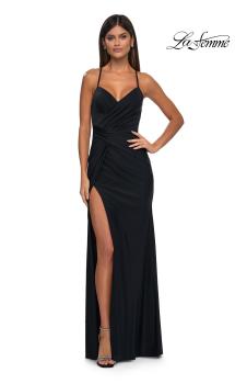 Picture of: Criss Cross Ruched Evening Dress with High Slit and Lace Up Back in Black , Style: 33115, Main Picture