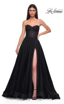 Picture of: A-line Tulle Gown with Lace Corset Bodice and Slit in Black , Style 32579, Detail Picture 5