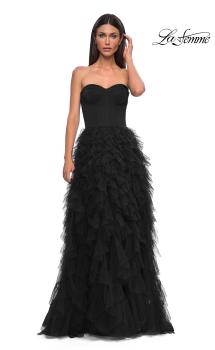 Picture of: Prom Dress with Tulle Ruffle Skirt and Satin Corset Top in Black , Style 32760, Detail Picture 5