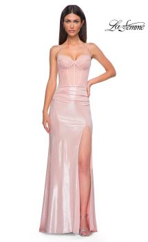 Picture of: Stunning Metallic Pastel Prom Dress with Intricate Ruched Corset Top in Blush , Style 32951, Detail Picture 5