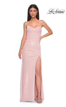 Picture of: Pastel Prom Dress with Metallic Fabric and Lace Up Back in Blush , Style 32964, Detail Picture 7