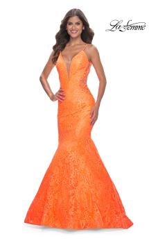 Picture of: Neon Long Mermaid Lace Dress with Back Rhinestone Detail in Bright Orange, Style: 32314, Main Picture