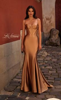 Picture of: Chic Stretch Satin Gown with Corset Top and Flare Skirt in Bronze , Style 32555, Main Picture