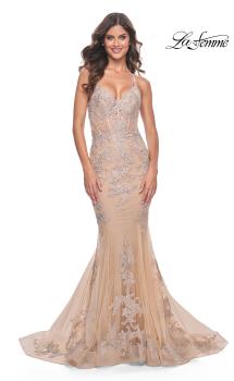 Nude Picture of: Mermaid Lace Gown with Illusion Bodice and Open Back in Champagne, Style: 30716, Main Picture