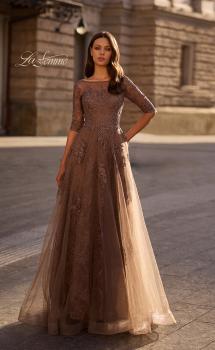 Brown Picture of: Lace and Tulle A-line Gown with Three Quarter Sleeves, Style: 28036, Main Picture