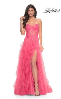 Picture of: A-Line Ruffle Tulle Prom Dress with Lace Bustier Bodice in Orange, Style: 32286, Main Picture