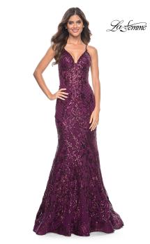 Picture of: Mermaid Print Sequin Dress with Lace Up Open Back in Dark Berry, Style: 31943, Main Picture