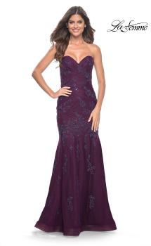 Picture of: Strapless Mermaid Ruched Gown with Rhinestone Lace Applique in Dark Berry, Style: 32121, Main Picture