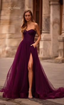 Picture of: A-line Tulle Gown with Lace Corset Bodice and Slit in Dark Berry, Style: 32579, Main Picture