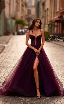 Picture of: Tulle Prom Dress with A-Line Skirt and Ruched Corset Top in Dark Berry, Style 32700, Main Picture