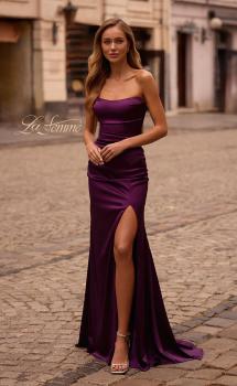 Picture of: Strapless Satin Evening Dress with Ruching and Lace Up Back in Dark Berry, Style: 32952, Main Picture