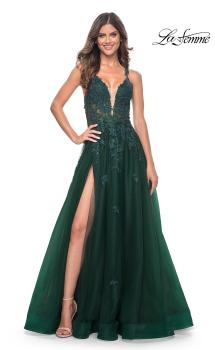 Picture of: A-Line Tulle Dress with Rhinestone Embellished Lace Applique in Dark Emerald, Style: 32022, Main Picture