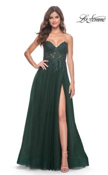 Picture of: Rhinestone Tulle A-Line Gown with Lace Bodice in Jewel Tones in Dark Emerald, Style: 32253, Main Picture