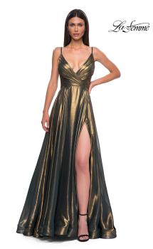 Picture of: Stunning Metallic Chiffon Gown with Ruched Bodice and Slit in Dark Emerald, Style 32864, Detail Picture 5